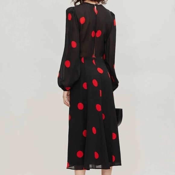 Reformation Luanne Red and Black Polka Dot Long Sleeve Midi Dress Size 4P - Picture 3 of 12